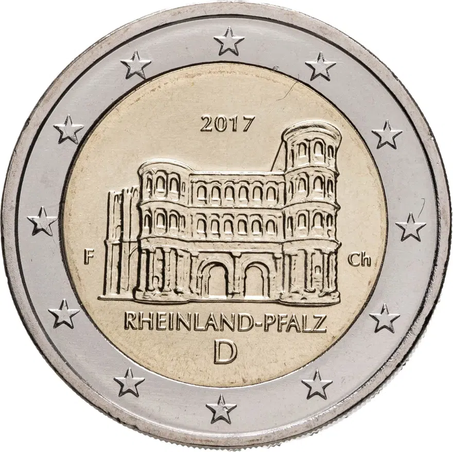 Германия 2 евро (euro) 2017 Федеральные земли: Рейнланд-Пфальц - Порта Нигра, знак монетного двора "F" - Штутгарт, аверс