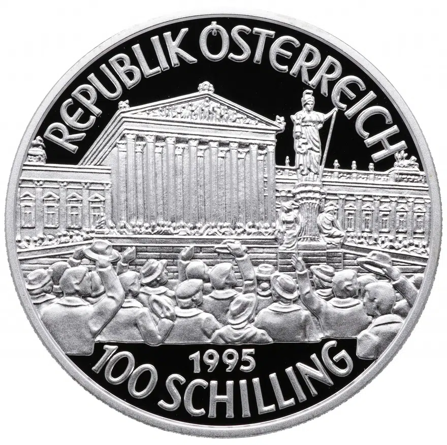 Австрия 100 шиллингов (shillings) 1995 "Первая республика" в футляре с сертификатом, реверс