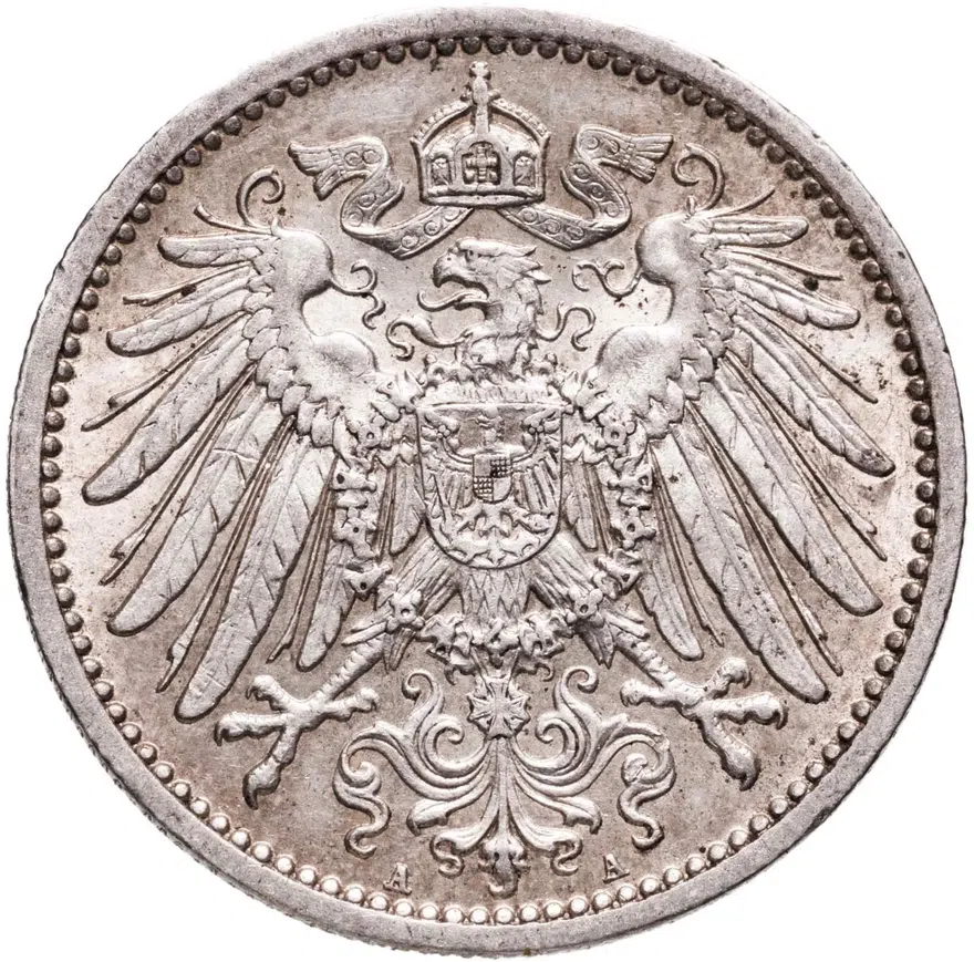 Германия 1 марка (mark) 1908 A  знак монетного двора: "A" - Берлин, реверс