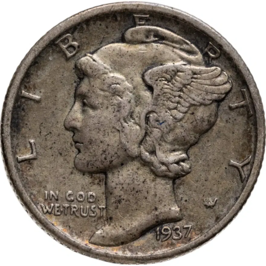 США 10 центов (дайм, one dime) 1937 знак монетного двора: "S" - Сан-Франциско