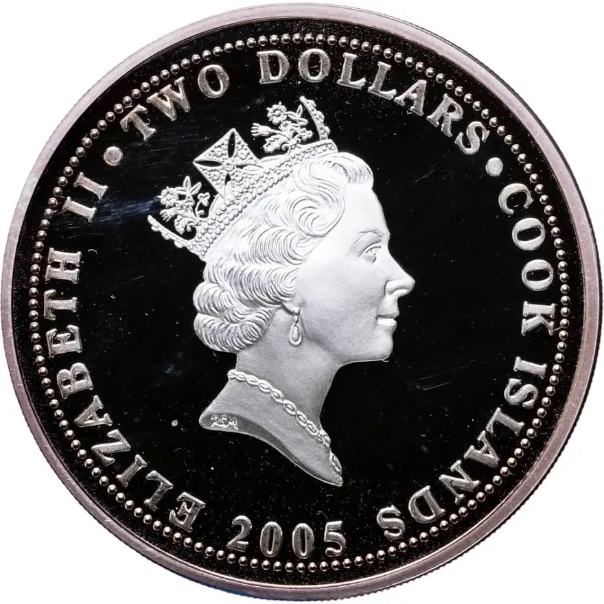 Острова Кука 2 доллара (dollars) 2005  Птицы Новой Зеландии - Медосос-колокольчик, реверс