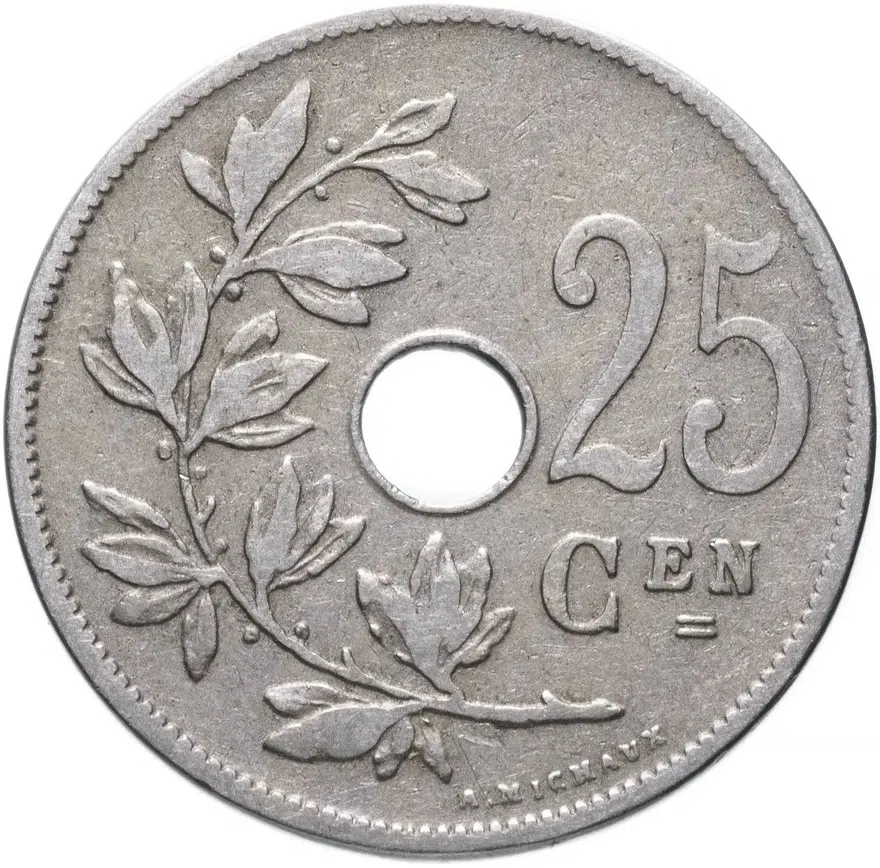 Бельгия 25 сантимов (centimes) 1908   Надпись на голландском - 'BELGIË'