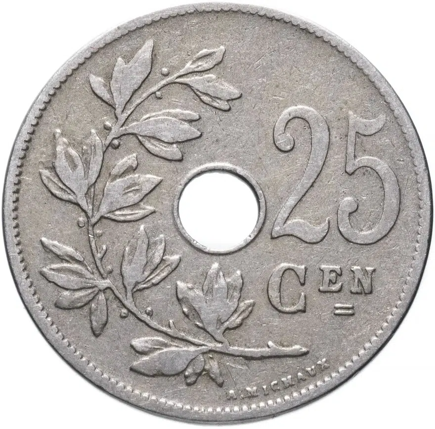 Бельгия 25 сантимов (centimes) 1908   Надпись на голландском - 'BELGIË', реверс