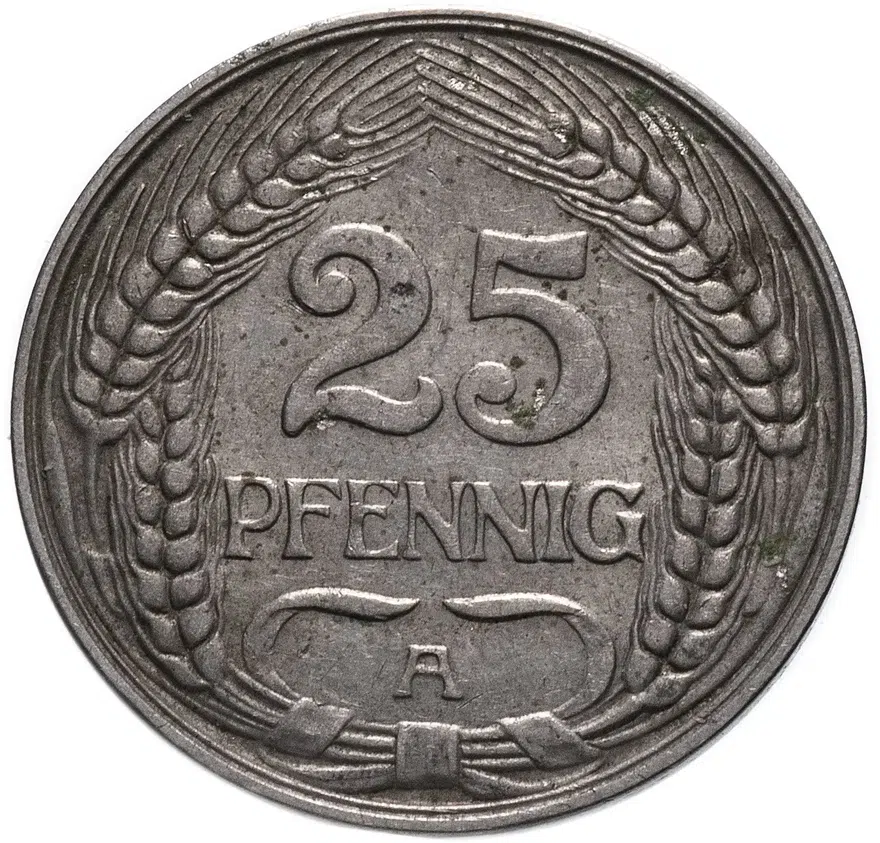 Германия 25 пфеннигов (pfennig) 1909 знак монетного двора: "A" - Берлин