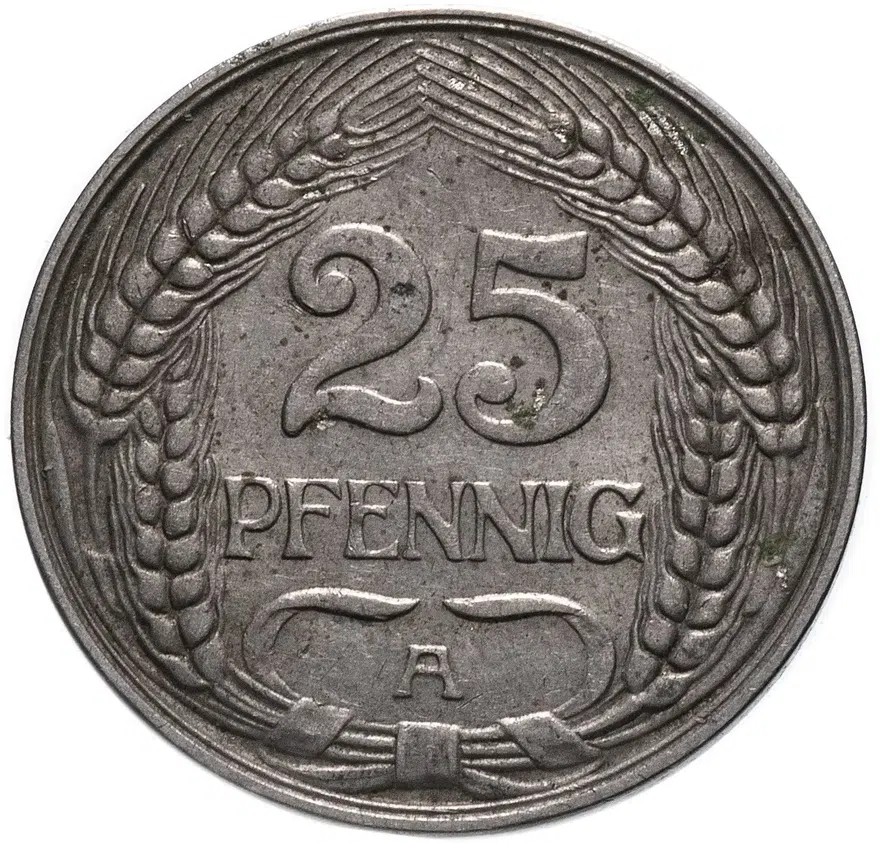 Германия 25 пфеннигов (pfennig) 1909 знак монетного двора: "A" - Берлин, реверс