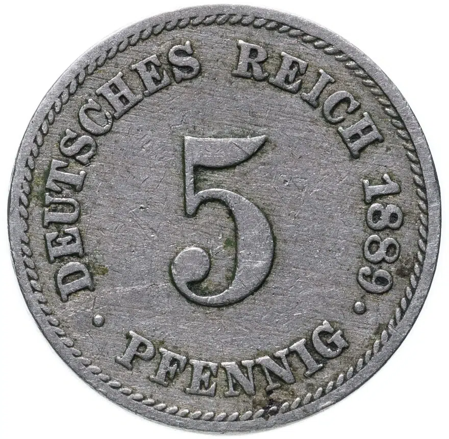 Германия 5 пфеннигов (pfennig) 1889 знак монетного двора: "E" - Мульденхюттен, аверс