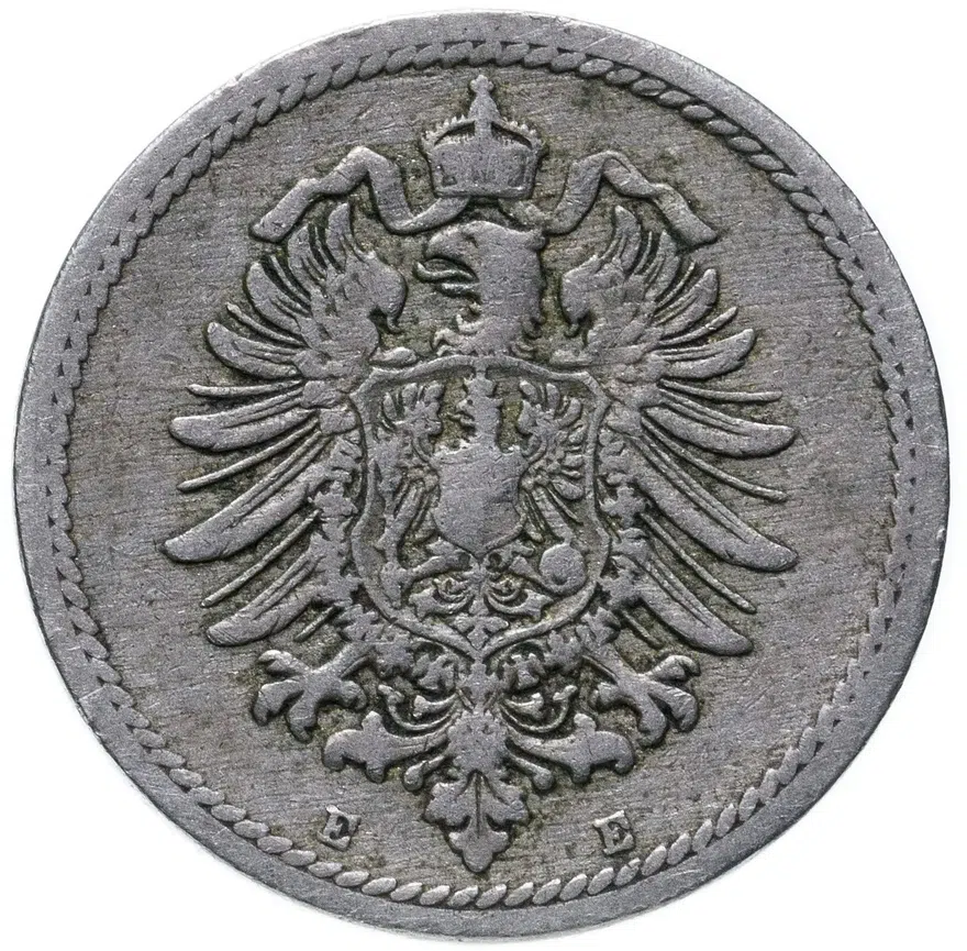 Германия 5 пфеннигов (pfennig) 1889 знак монетного двора: "E" - Мульденхюттен, реверс