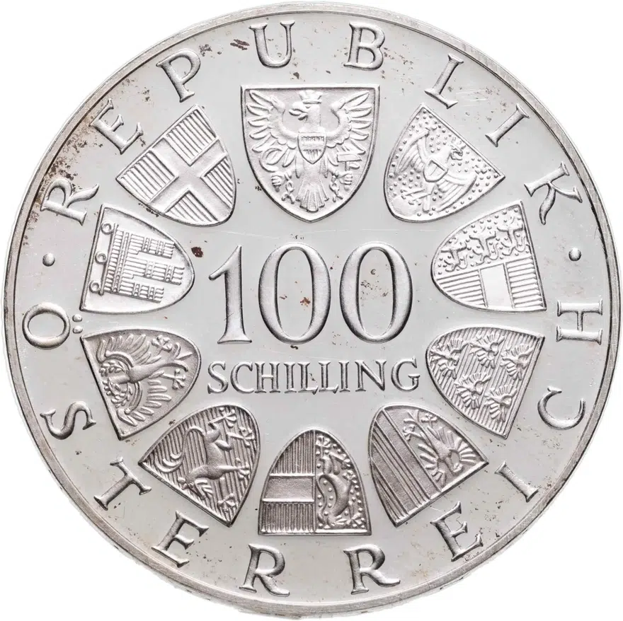 Австрия 100 шиллингов (shillings) 1974   "XII зимние Олимпийские Игры, Инсбрук 1976 - Олимпийская эмблема"