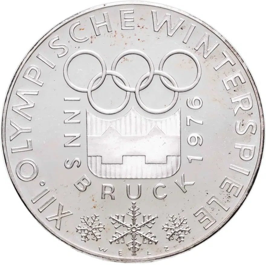 Австрия 100 шиллингов (shillings) 1974   "XII зимние Олимпийские Игры, Инсбрук 1976 - Олимпийская эмблема", реверс