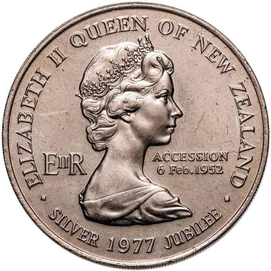 Новая Зеландия 1 доллар (dollar) 1977  25 лет правления Королевы Елизаветы II и День Вайтанги, реверс
