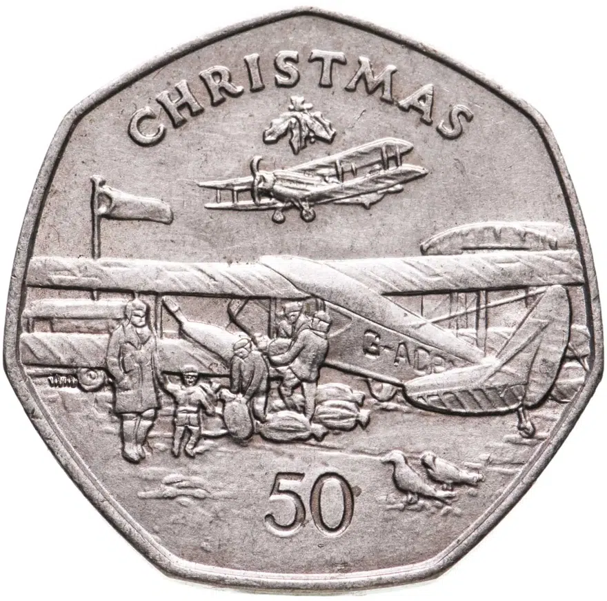 Остров Мэн. 50 пенсов (pence) 1985. "Рождество", отметка штемпеля "AA", аверс