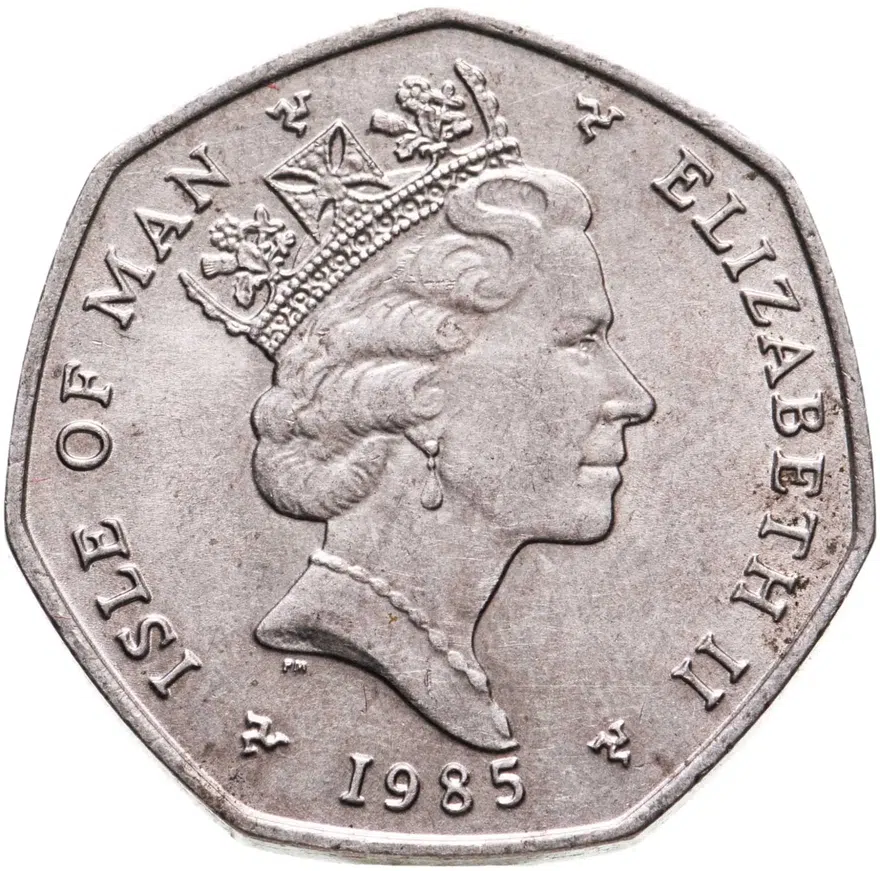Остров Мэн. 50 пенсов (pence) 1985. "Рождество", отметка штемпеля "AA", реверс