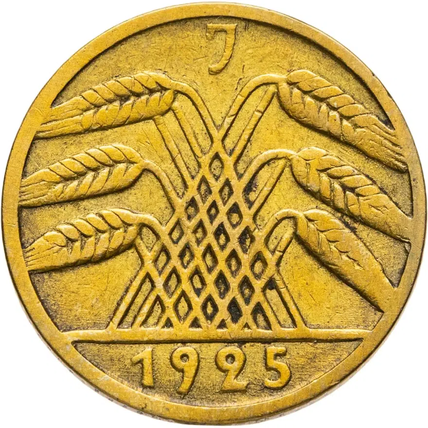 Германия 5 рейхспфеннигов (reichspfennig) 1925 J  знак монетного двора "J" — Гамбург