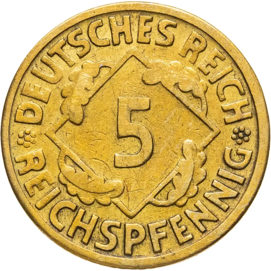 Германия 5 рейхспфеннигов (reichspfennig) 1925 J  знак монетного двора "J" — Гамбург, реверс