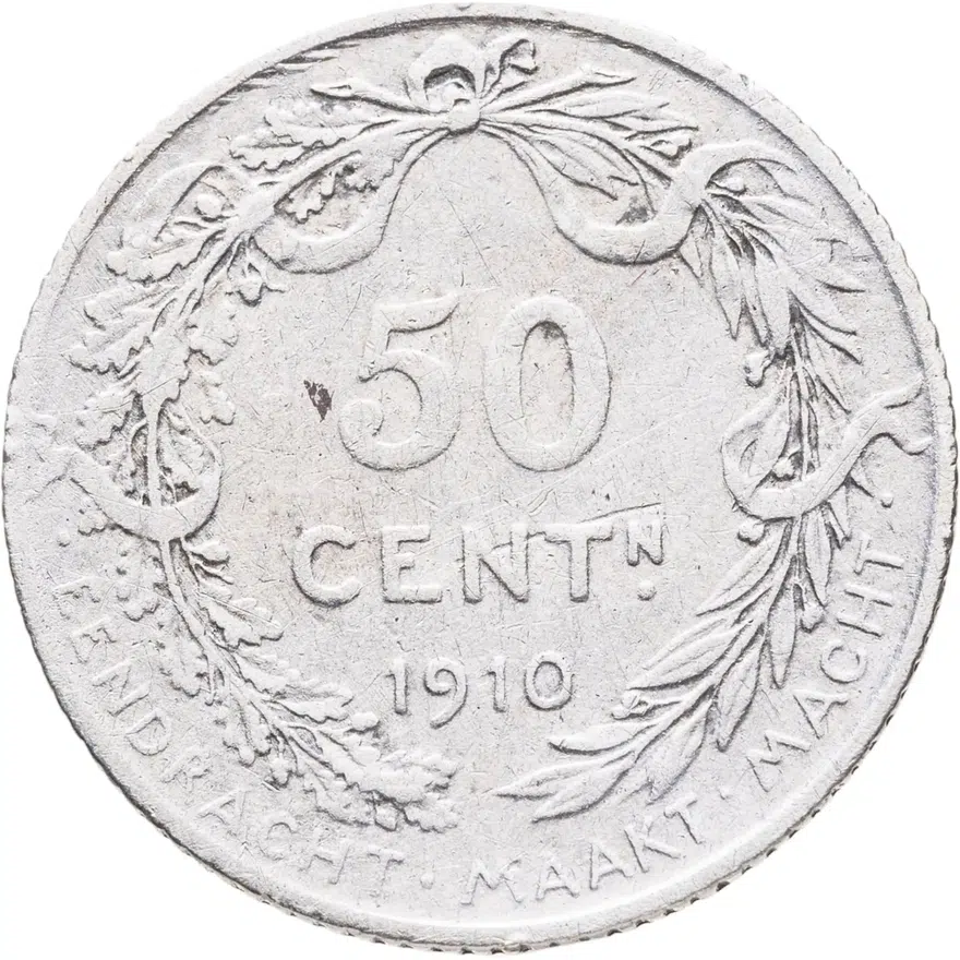 Бельгия 50 сантимов (centimes) 1910  Надпись на голландском - 'ALBERT KONING DER BELGEN', реверс