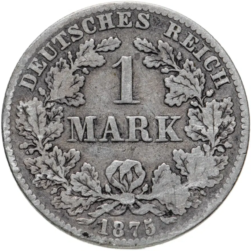 Германия 1 марка (mark) 1875 B  знак монетного двора: "B" - Ганновер