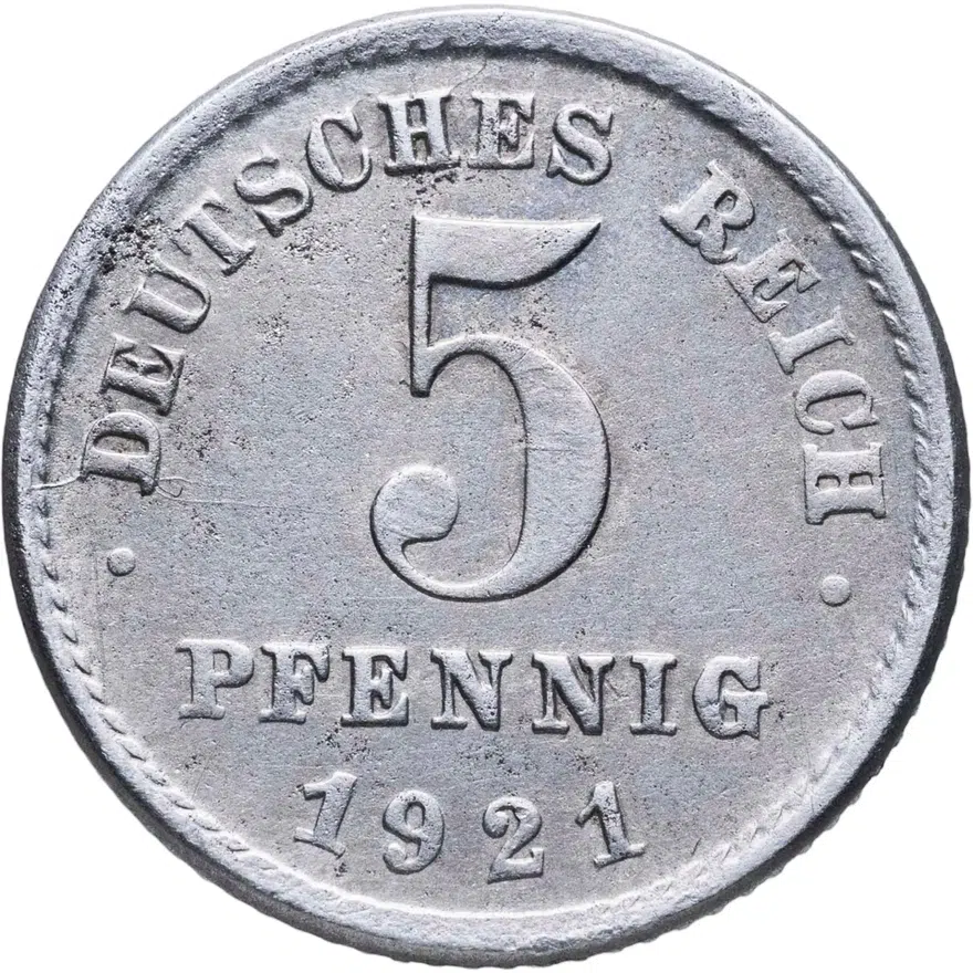 Германия 5 пфеннигов (pfennig) 1921 E  знак монетного двора: "E" - Мульденхюттен