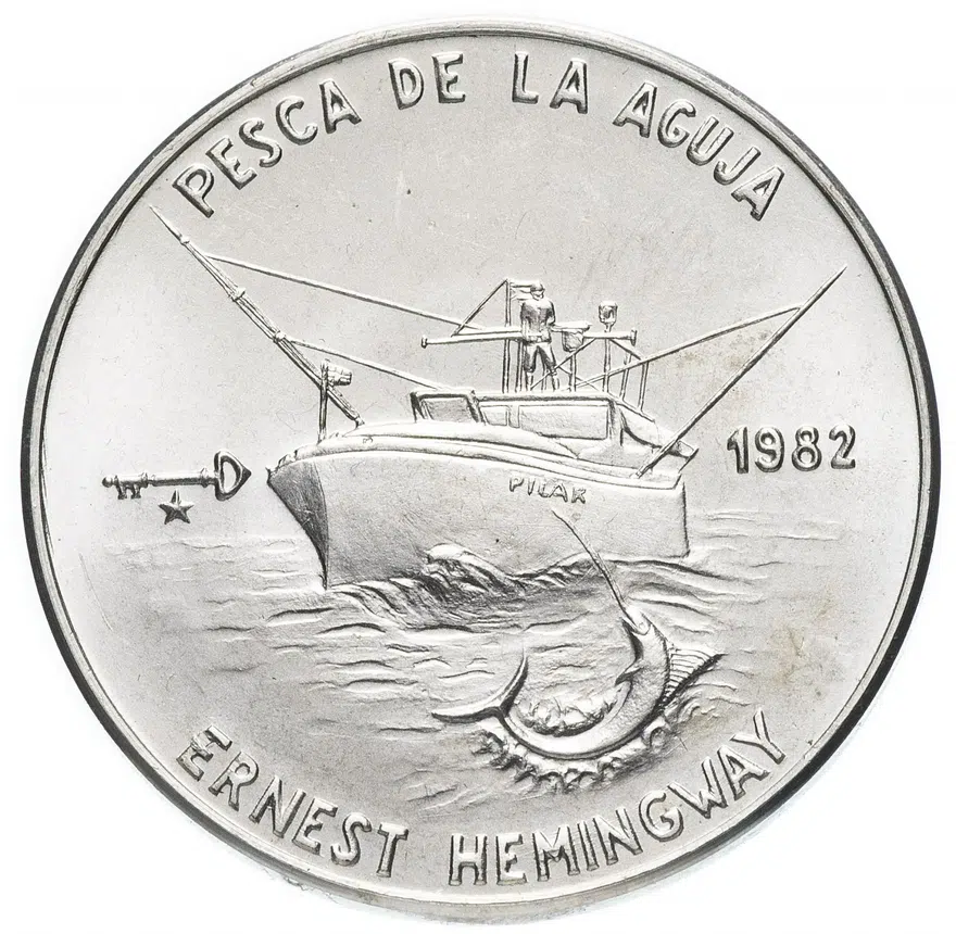 Куба 1 песо (peso) 1982 "Эрнест Хэмингуэй - Рыбалка с яхты", аверс