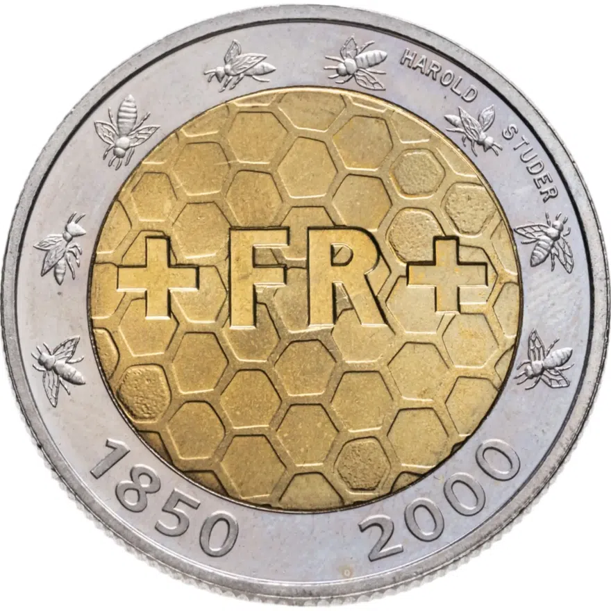 Швейцария 5 франков (francs) 2000 "150 лет Швейцарской национальной монетной системе", аверс