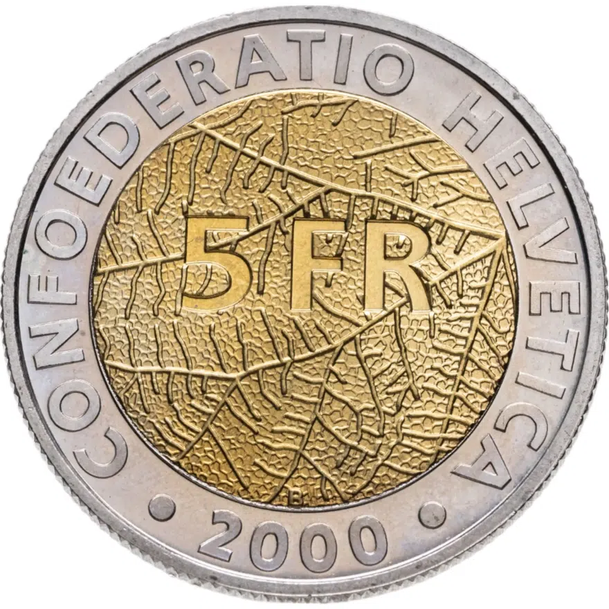 Швейцария 5 франков (francs) 2000 "150 лет Швейцарской национальной монетной системе", реверс