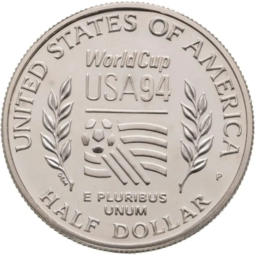 США 50 центов (1/2 доллара, half dollar) 1994 P World Cup (чемпионат мира по футболу 1994 в США) знак монетного двора "P" - Филадельфия, реверс