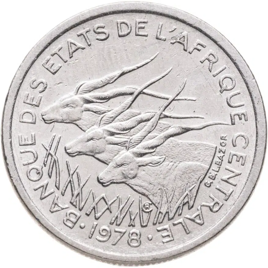 Центральная Африка (валютная зона BEAC) 50 франков (francs) 1978 отметка на реверсе "C" - Республика Конго, реверс