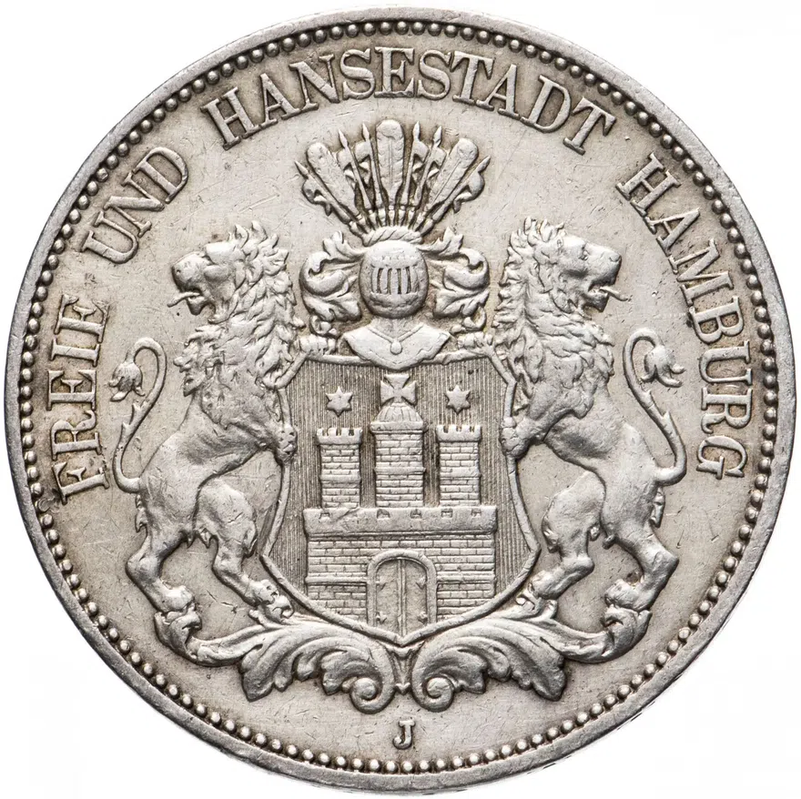 Германия 5 марок 1908 J, реверс