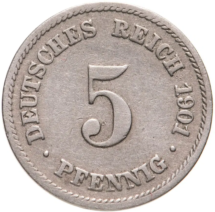 Германия 5 пфеннигов (pfennig) 1901 F  знак монетного двора: "F" - Штутгарт, аверс
