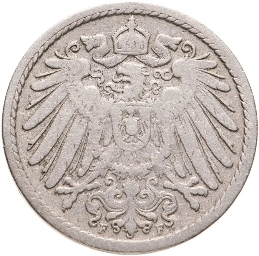 Германия 5 пфеннигов (pfennig) 1901 F  знак монетного двора: "F" - Штутгарт, реверс