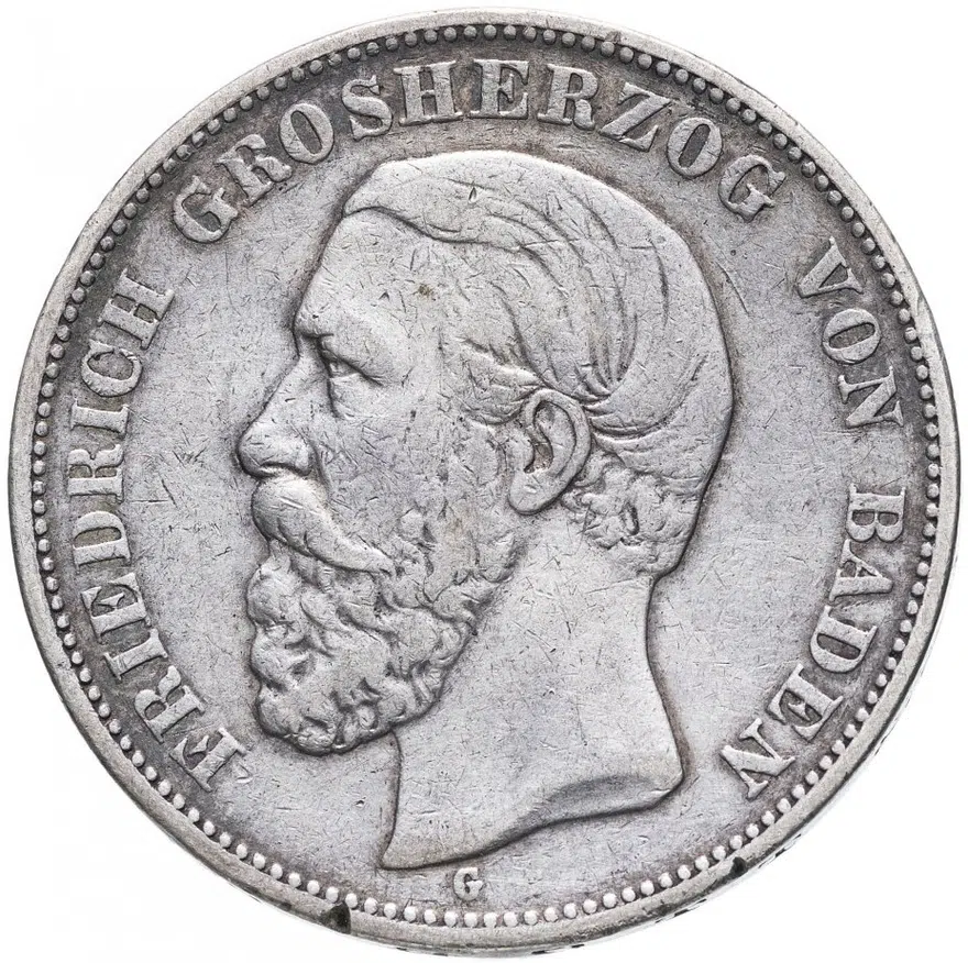 Германия (Баден) 5 марок (mark) 1876 Надпись "BADEN", аверс
