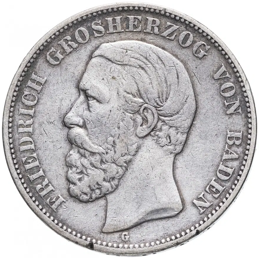 Германия (Баден) 5 марок (mark) 1876 Надпись "BADEN", реверс