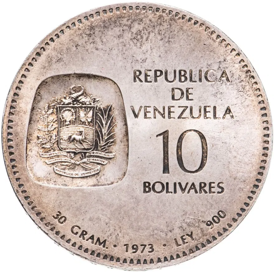 Венесуэла 10 боливаров (bolivares) 1973  100 лет изображению на монетах бюста Симона Боливара, реверс
