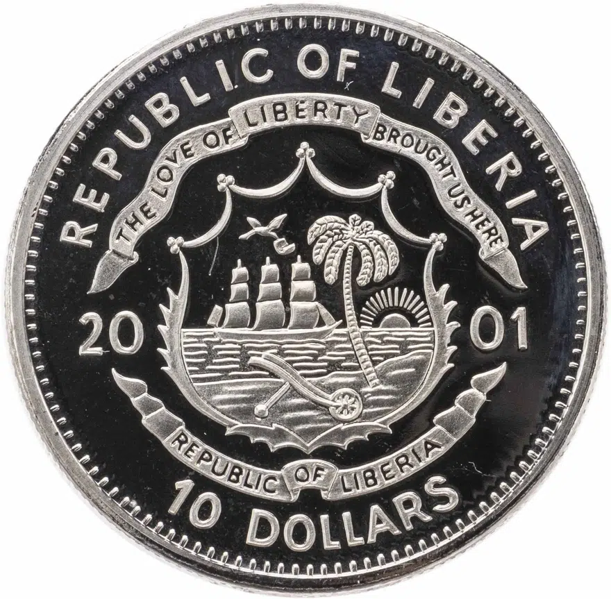 Либерия 10 долларов (dollars) 2001  Мгновения свободы - Декларация независимости, реверс