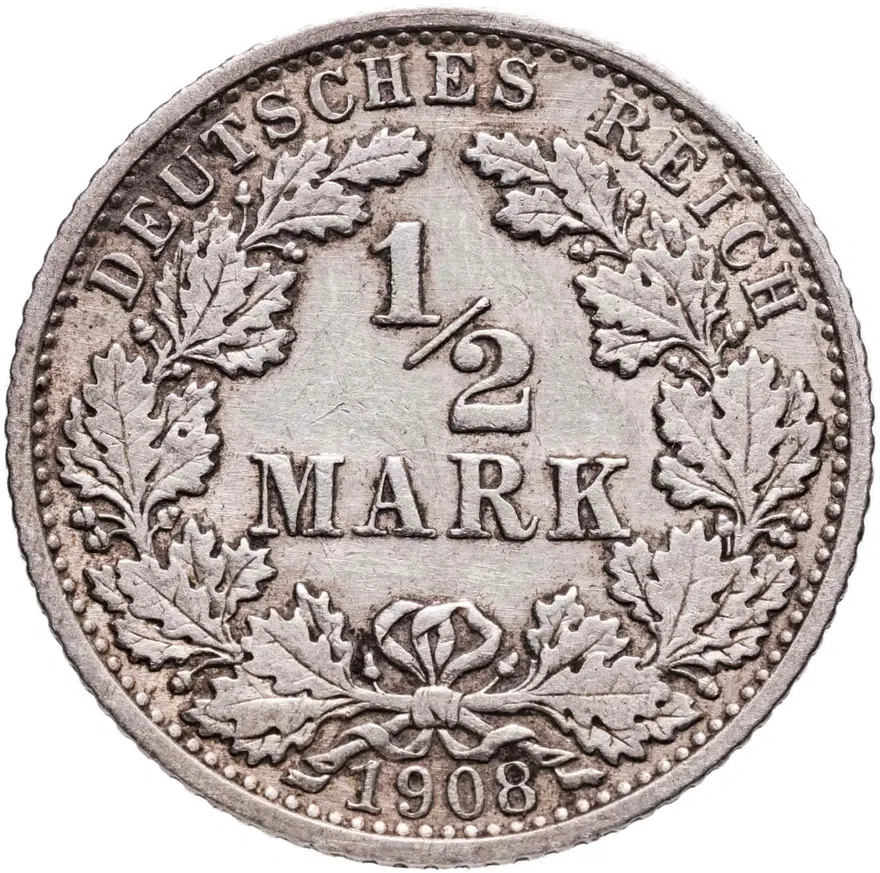 Германия 1/2 марки (mark) 1908 G  знак монетного двора: "G" - Карлсруэ