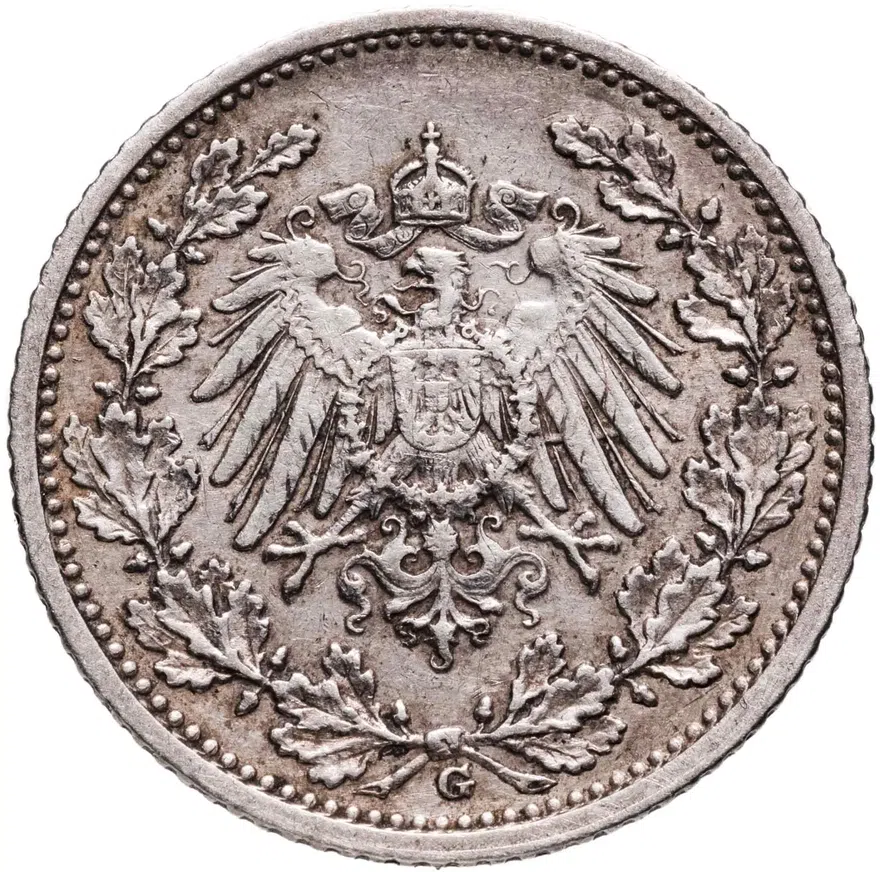 Германия 1/2 марки (mark) 1908 G  знак монетного двора: "G" - Карлсруэ, реверс
