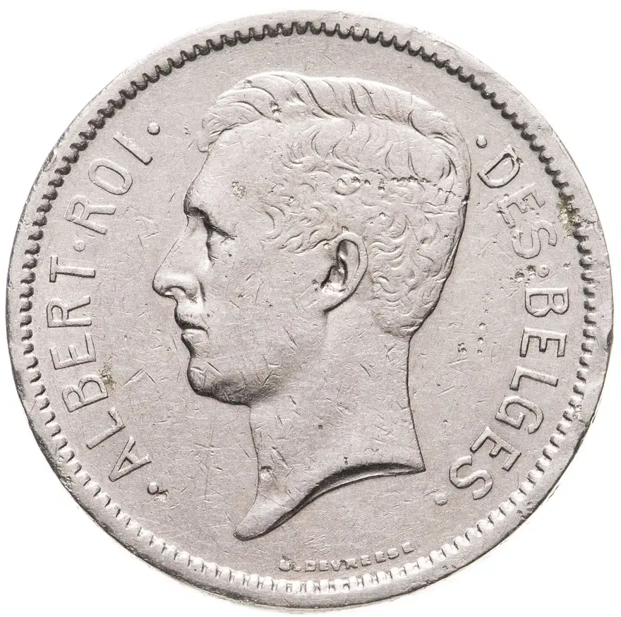 Бельгия 5 франков (francs) 1933   надпись на французском - "ALBERT ROI DES BELGES", аверс