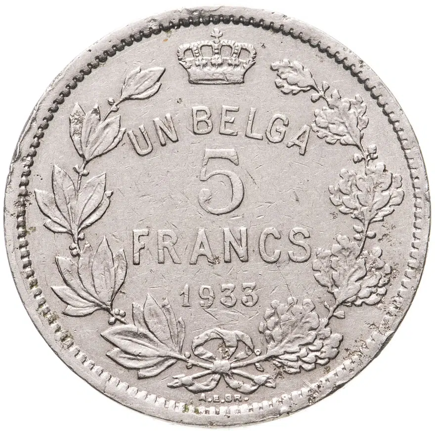 Бельгия 5 франков (francs) 1933   надпись на французском - "ALBERT ROI DES BELGES", реверс