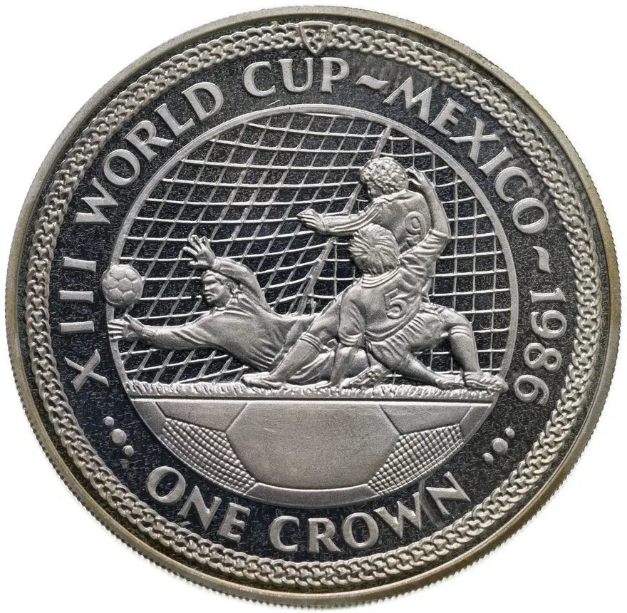 Остров Мэн 1 крона (crown) 1986 Чемпионат мира по футболу 1986, Мексика /гол, 3 игрока /, аверс