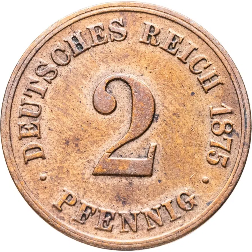 Германия 2 пфеннига (pfennig) 1875 C  знак монетного двора: "C" - Франкфурт-на-Майне