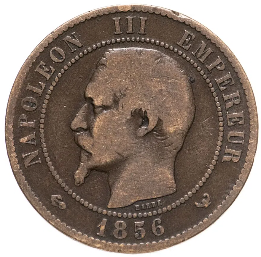 Франция 10 сантимов (centimes) 1856 W  знак монетного двора: "W" - Лилль, аверс