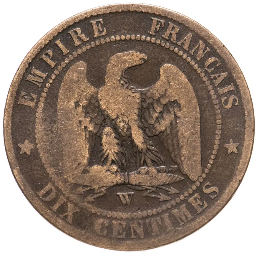 Франция 10 сантимов (centimes) 1856 W  знак монетного двора: "W" - Лилль, реверс