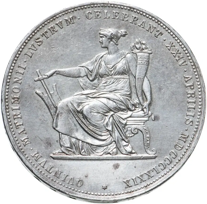 Австрия 2 гульдена - 2 флорина (gulden, florin) 1879  серебряная свадьба Франца-Иосифа и Елизаветы Баварской, аверс