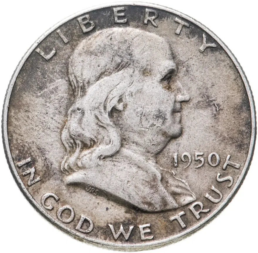 США 50 центов (1/2 доллара, half dollar) 1950  Franklin Half Dollar Без отметки монетного двора, аверс