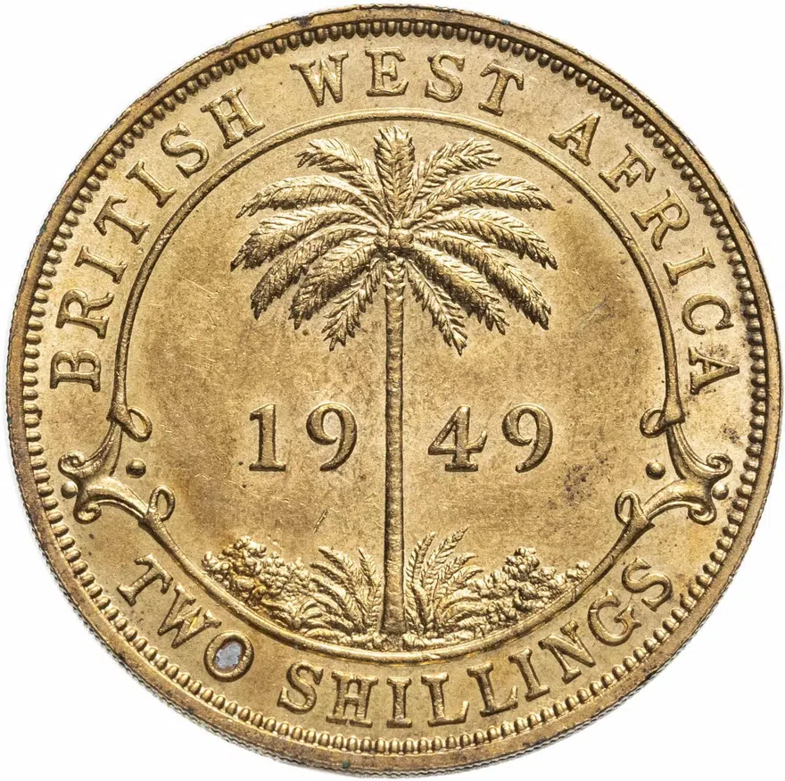 Британская Западная Африка 2 шиллинга (shillings) 1949 знак монетного двора: "KN" - Кингз Нортон Металл, Бирмингем, реверс