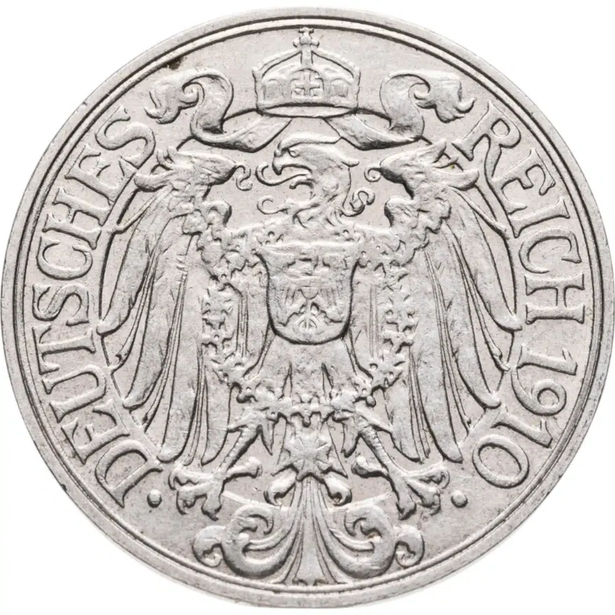 Германия 25 пфеннигов (pfennig) 1910 A  знак монетного двора: "A" - Берлин