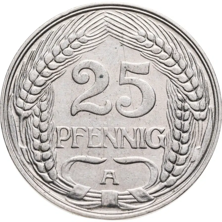 Германия 25 пфеннигов (pfennig) 1910 A  знак монетного двора: "A" - Берлин, реверс