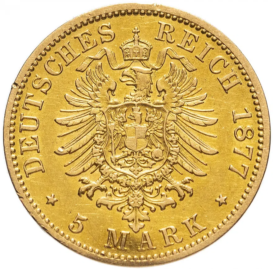 Германия (Империя) 5 марок (mark) 1877 A  знак монетного двора: "A" - Берлин, реверс