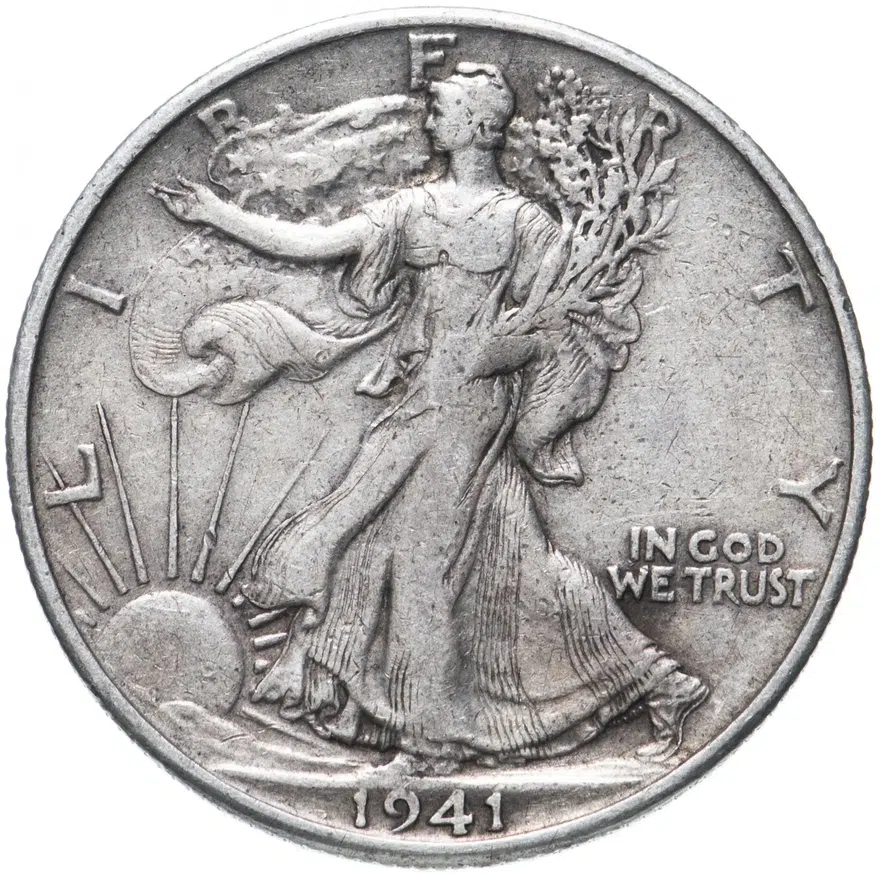 США 50 центов (1/2 доллара, half dollar) 1941 S Walking Liberty Half Dollar знак монетного двора: "S" - Сан-Франциско
