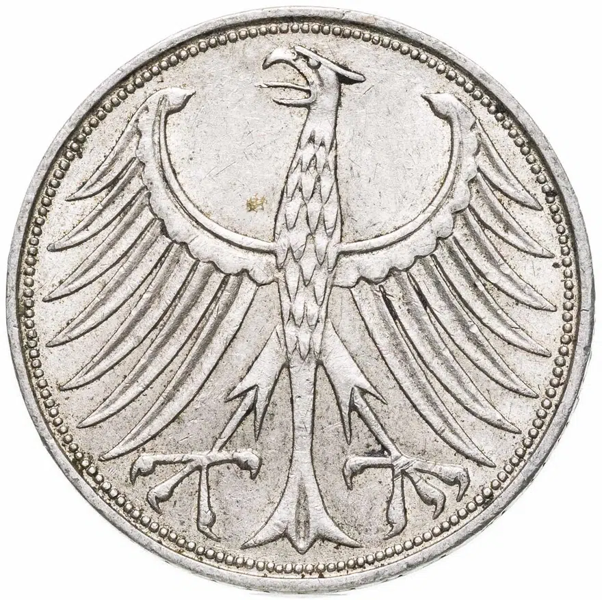 Германия 5 марок 1968 Отметка монетного двора: "J" - Гамбург, реверс
