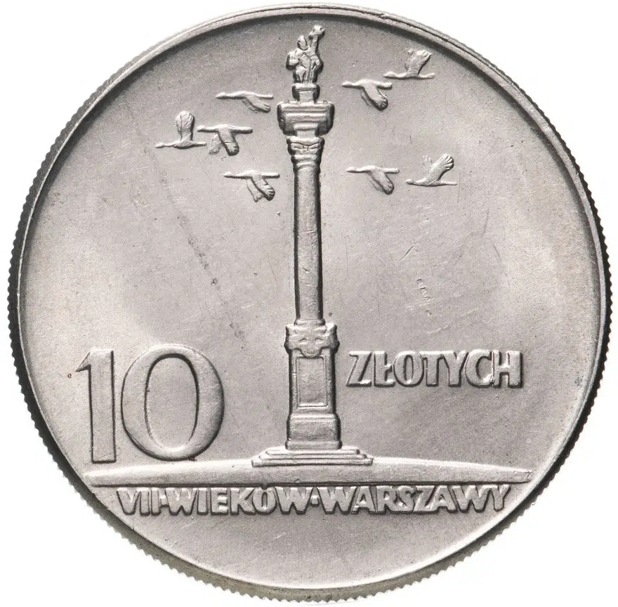 Польша 10 злотых (zlotych) 1965  700 лет Варшаве - Колонна Сигизмунда, аверс
